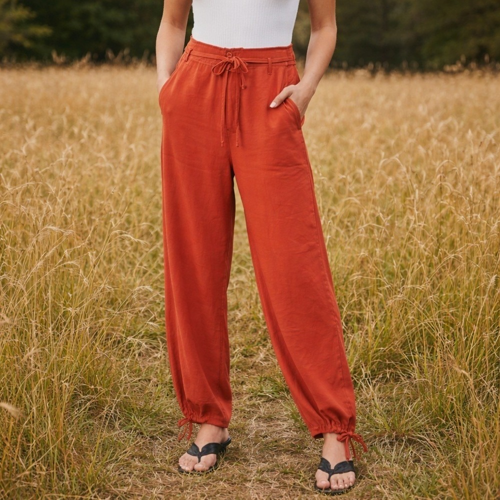 TINY Anthropologie Balloon Leg Pants Size XL Rust Orange High Rise Belted‎ Boho